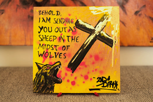 Christmas Gift - Sheep in the Midst of Wolves - Painted 8"x8" wooden panel